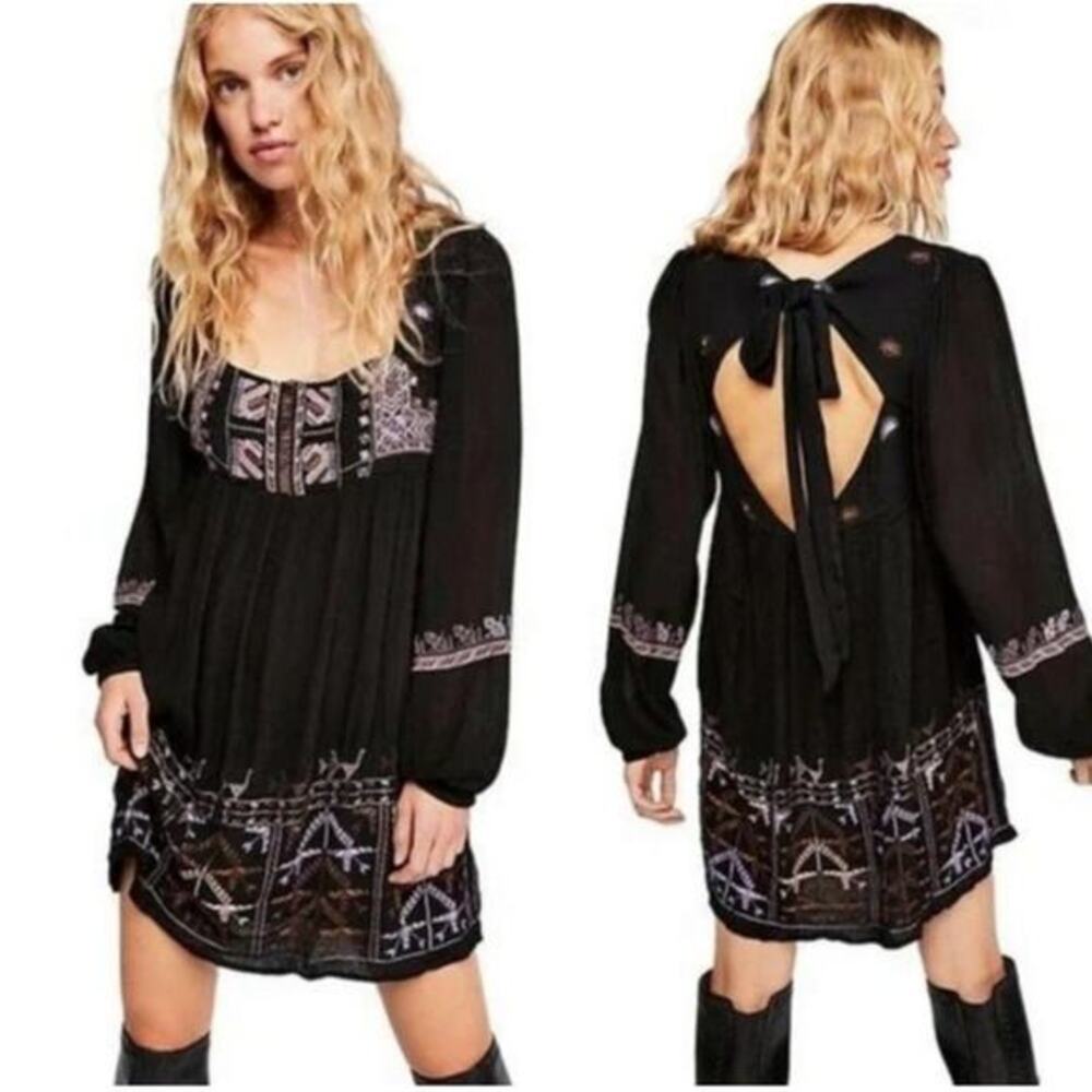 Free‎ People Rhiannon Embroidered Mini Boho Dress Black Open Back M